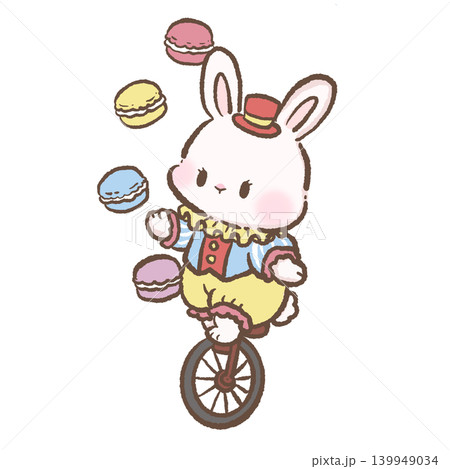 Cute Kawaii Bunny Riding Unicycle While Juggling Macarons Pastel Circus Performer Illustration For Planner Stickers Scrapbook And Birthday Party Decor Cute Kawaii Bunny Riding Unicycle While Juggling Macarons Pastel Circus Performer Illustration For Planner Stickers Scrapbook And Birthday Party Decor 139949034