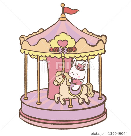 Cute Kawaii Carousel Bunny Riding Horse Pastel Circus Carnival Illustration For Planner Stickers Scrapbook Nursery Decor And Whimsical Fair Crafts 139949044