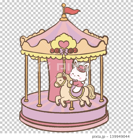 Cute Kawaii Carousel Bunny Riding Horse Pastel Circus Carnival Illustration For Planner Stickers Scrapbook Nursery Decor And Whimsical Fair Crafts 139949044