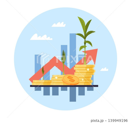 Steady investment. Financial growth and growing profits process, plants on stacks of coins, rising profit increase, savings business performance metric, vector cartoon isolated concept Steady investment. Financial growth and growing profits process, plants on stacks of coins, rising profit increase, savings business performance metric, vector cartoon isolated concept 139949196