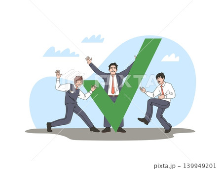 Task completion. Successful approval, happy businessmen rejoice at conclusion of deal, team achieve goals, positive plan results, employee productivity work vector cartoon isolated concept Task completion. Successful approval, happy businessmen rejoice at conclusion of deal, team achieve goals, positive plan results, employee productivity work vector cartoon isolated concept 139949201