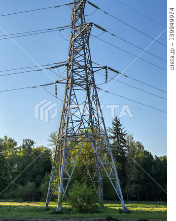 Tall high voltage electricity pylon against blue sky surrounded by forest 139949974