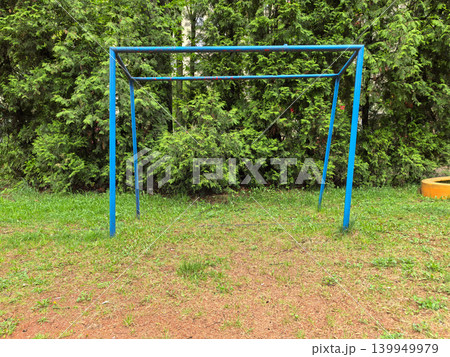 Blue metal soccer goal on grass yard with evergreen hedge behind Blue metal soccer goal on grass yard with evergreen hedge behind 139949979