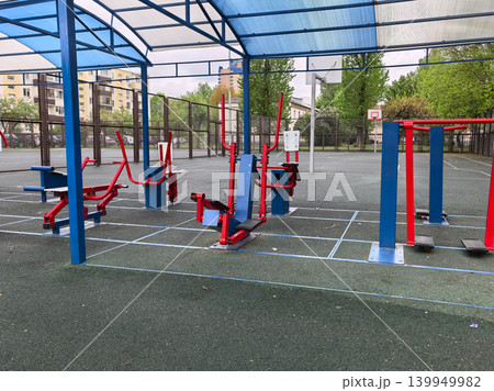 Outdoor Fitness Playground with Blue and Red Simulators Outdoor Fitness Playground with Blue and Red Simulators 139949982
