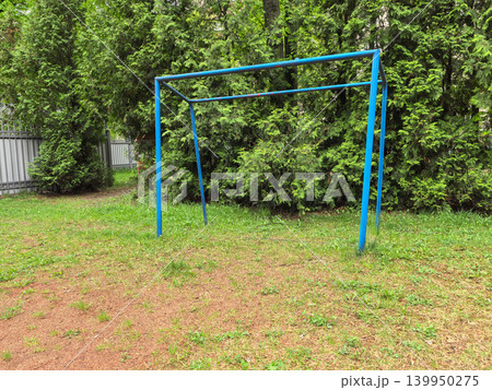 Blue metal football goal on grassy field near evergreen thuja trees 139950275