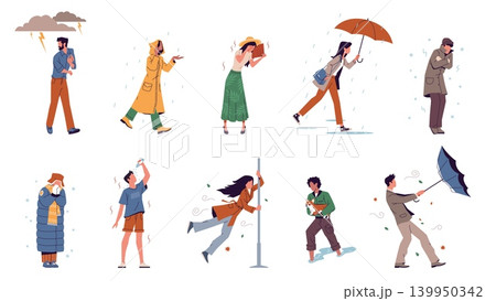 City people protect themselves from weather. Equipment for walking, meteorological anomalies, heat, wind, rain, cold frost, seasonal climate effects nowaday vector cartoon isolated set City people protect themselves from weather. Equipment for walking, meteorological anomalies, heat, wind, rain, cold frost, seasonal climate effects nowaday vector cartoon isolated set 139950342