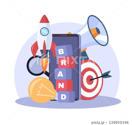 Creating business brand. Targeting an audience from mobile, product promotion, marketing startup, rocket and target as progress symbol, creative optimization vector cartoon concept Creating business brand. Targeting an audience from mobile, product promotion, marketing startup, rocket and target as progress symbol, creative optimization vector cartoon concept 139950346
