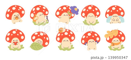 Cute fly agaric character. Funny medicinal or poisonous kawaii mushroom, comic fungus mascot decorative design, different playful poses and actions, garish vector cartoon isolated set 139950347