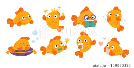 Goldfish character. Funny little fish, cute aquarium mascot, different emotions, poses and actions, sleeping, crying, Playful underwater icons for design, garish vector cartoon isolated set Goldfish character. Funny little fish, cute aquarium mascot, different emotions, poses and actions, sleeping, crying, Playful underwater icons for design, garish vector cartoon isolated set 139950356