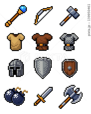 Pixel Art Weapons Armor Video Game Items Asset Set 139950461