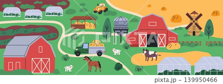 Rustic farm map. Cartoon countryside landscape, top view, panoramic scene, barns, greenhouses, fields and livestock and domestic animals agricultural transport, garish vector concept 139950466