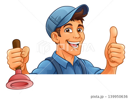 Plumber Plunger Tool Cartoon Plumbing Man Handyman 139950636