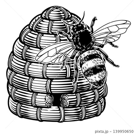 Bumble Honey Bee Skep Beehive Vintage Illustration Bumble Honey Bee Skep Beehive Vintage Illustration 139950650