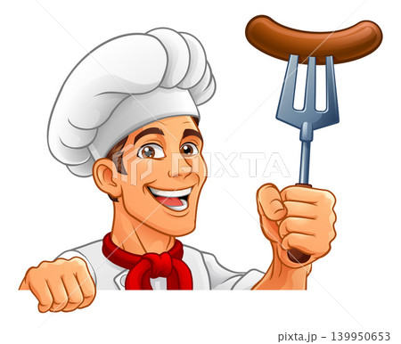 Chef Hotdog Sausage Cook Menu Sign Cartoon Mascot Chef Hotdog Sausage Cook Menu Sign Cartoon Mascot 139950653