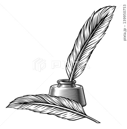 Ink Pen Feather Quills and Inkwell Illustration 139950753