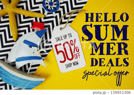 Hello Summer Sale 50% with Price tag and summer decorations on yellow background Hello Summer Sale 50% with Price tag and summer decorations on yellow background 139951306