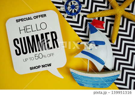 Hello Summer Sale 50% off Promotion Offer Discount Retail Shopping Concept 139951316