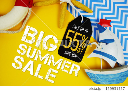Hello Summer Sale 55% with Price tag and summer decorations on yellow background Hello Summer Sale 55% with Price tag and summer decorations on yellow background 139951337