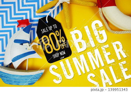 Hello Summer Sale 80% with Price tag and summer decorations on yellow background 139951343