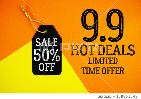 9.9 Hot Deals and Sale 50% off with Price tag on orange and yellow background 139951345