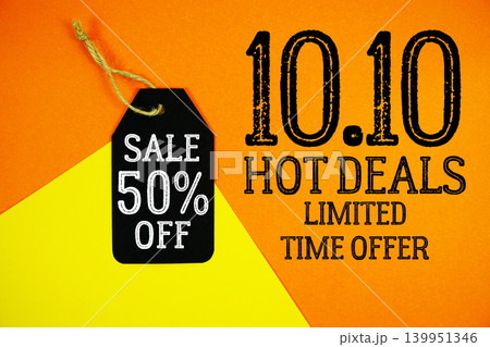 10.10 Hot Deals and Sale 50% off with Price tag on orange and yellow background 139951346