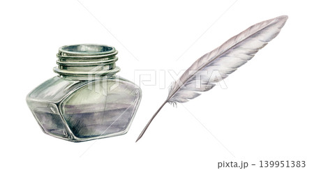 Vintage glass inkwell and quill feather watercolor set. Isolated ancient ink pot and writing pen kit for traditional pharmacy recipe book, retro apothecary branding, craft stationery design 139951383