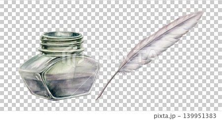 Vintage glass inkwell and quill feather watercolor set. Isolated ancient ink pot and writing pen kit for traditional pharmacy recipe book, retro apothecary branding, craft stationery design 139951383