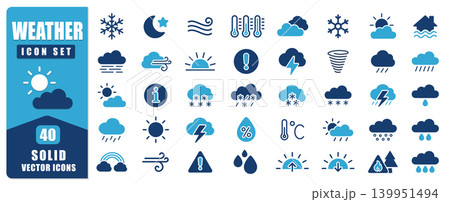 Modern Weather Solid Icon Set Featuring Sun, Cloud, Rain, Snow, Storm, Wind, Temperature, Humidity, Tornado, Flood, And Climate Symbols Perfect For Forecast Apps, UI Design, And Infographics. Vector I 139951494