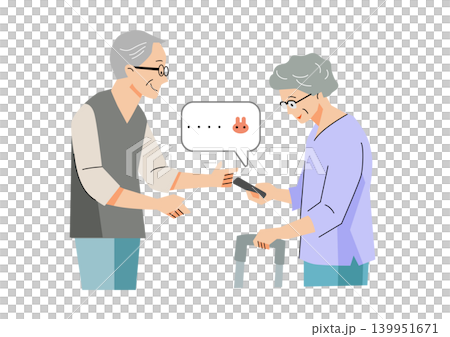 "Gentle Welfare and Care Vector Series": An elderly woman looking at her smartphone and a man talking to her. "Gentle Welfare and Care Vector Series": An elderly woman looking at her smartphone and a man talking to her. 139951671