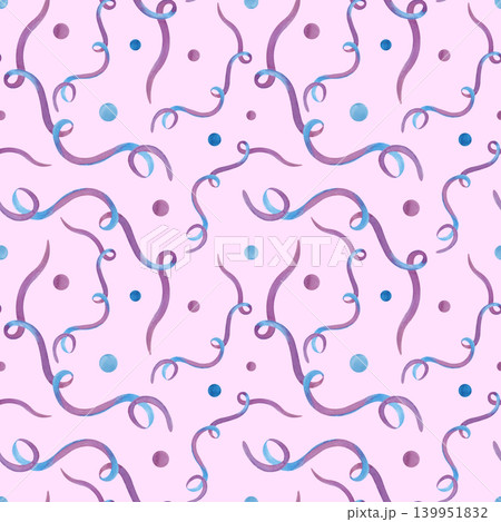 Seamless pattern with hand-painted ribbons and a scattering of confetti on a pink background. Watercolor illustration for creating party invitations, greeting cards, wrapping paper, textile design 139951832