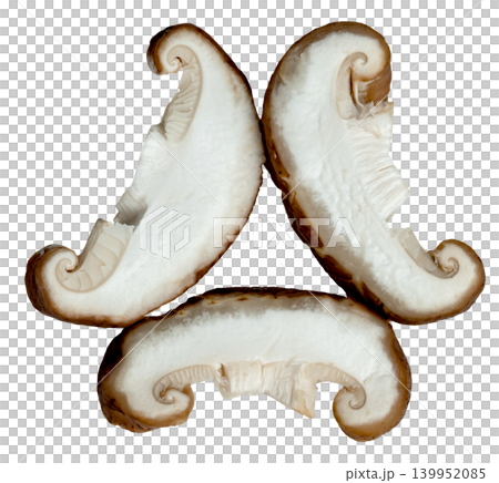 Three fresh shiitake mushroom slices arranged in a circular pattern isolated. Top-down view showing the unique internal texture and curled edges of the brown fungi. Three fresh shiitake mushroom slices arranged in a circular pattern isolated. Top-down view showing the unique internal texture and curled edges of the brown fungi. 139952085