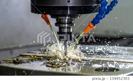 The CNC milling machine works. Coolant and lubrication in the metalwork 139952303
