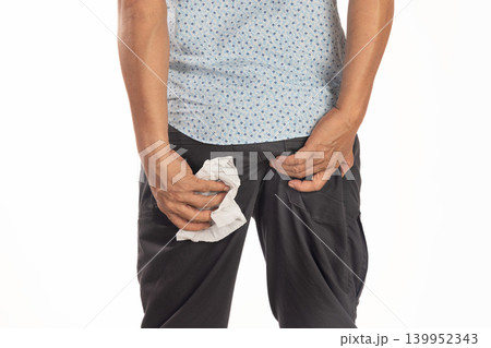 Hemorrhoidal pain, man with hemorrhoids on white background. 139952343
