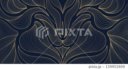 Luxury vector abstract floral pattern, elegant art deco style with golden line leaves, ornament on dark blue background. Japanese, oriental design, wallpaper, packaging, posters, spa branding, print. Luxury vector abstract floral pattern, elegant art deco style with golden line leaves, ornament on dark blue background. Japanese, oriental design, wallpaper, packaging, posters, spa branding, print. 139952609