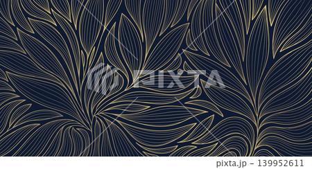 Luxury vector abstract floral pattern, elegant art deco style with golden line leaves, ornament on dark blue background. Japanese, oriental design, wallpaper, packaging, posters, spa branding, print 139952611