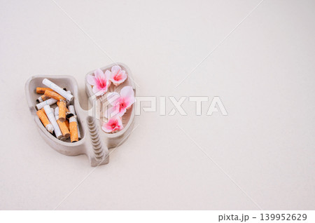 No Tobacco Day concept with lungs shape cigarettes and flowers on neutral background No Tobacco Day concept with lungs shape cigarettes and flowers on neutral background 139952629
