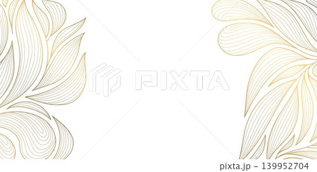 Luxury gold botanical pattern with elegant line leaves and floral elements background. Vector illustration tropical foliage, garden motif, modern deco style, wallpaper, wedding card. 139952704