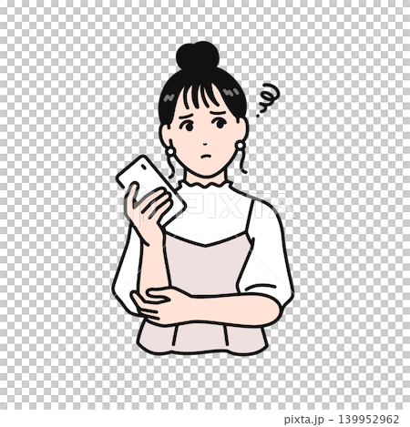 一幅簡單的向量插圖,描繪了一位頭髮紮起來的年輕女子,她神情憂慮地拿著智慧型手機。 一幅簡單的向量插圖,描繪了一位頭髮紮起來的年輕女子,她神情憂慮地拿著智慧型手機。 139952962