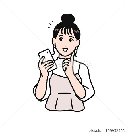 笑顔でスマートフォンを持つまとめ髪の若い女性のシンプルなベクターイラスト素材 笑顔でスマートフォンを持つまとめ髪の若い女性のシンプルなベクターイラスト素材 139952963