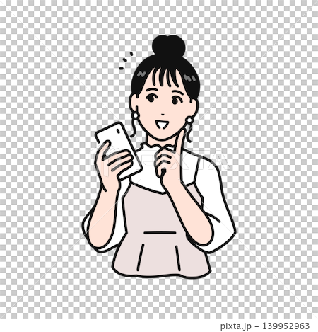一幅簡單的向量插圖,描繪了一位頭髮紮起來的年輕女子,面帶微笑,手持智慧型手機。 一幅簡單的向量插圖,描繪了一位頭髮紮起來的年輕女子,面帶微笑,手持智慧型手機。 139952963