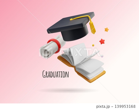 Graduation banner 3d cartoon plastic style vector design, black square academic cap with gold tassel, diploma and book Graduation banner 3d cartoon plastic style vector design, black square academic cap with gold tassel, diploma and book 139953168