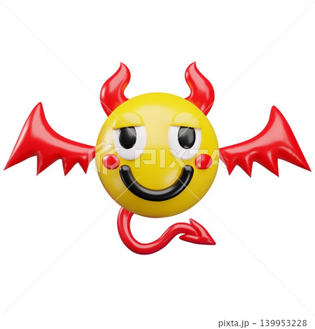 Happy emoji emoticon with red devil wings, tail and horns realistic vector 3D design, cartoon funny demon smile face 139953228