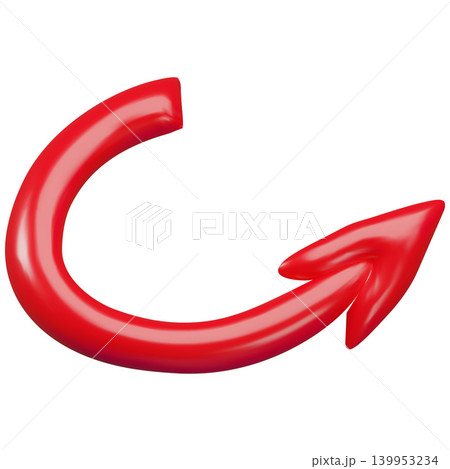 Curve arrow red color, devil tail realistic 3D plastic cartoon style, vector volume arrow pointing round wave right up Curve arrow red color, devil tail realistic 3D plastic cartoon style, vector volume arrow pointing round wave right up 139953234