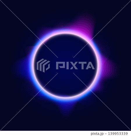 Abstract fantastic background with neon round frame and space portal into another dimension. Energy ring. Vector design. 139953339