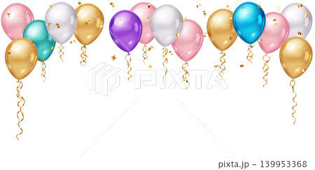 Colorful balloons and confetti floating upwards. 139953368