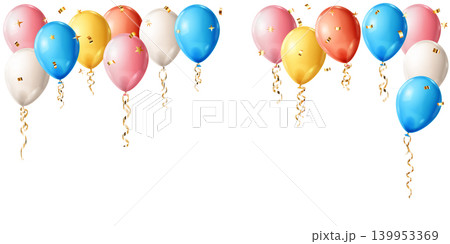 Colorful balloons with gold confetti and ribbons floating upwards. Colorful balloons with gold confetti and ribbons floating upwards. 139953369