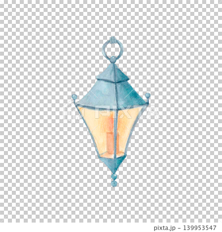 Watercolor Christmas lantern with warm glowing light isolated illustration. Hand drawn cozy winter street lamp in vintage style Watercolor Christmas lantern with warm glowing light isolated illustration. Hand drawn cozy winter street lamp in vintage style 139953547