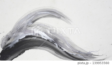 左下から弧を描く墨と銀の抽象水彩が流れる白和紙の和モダン背景 139953560