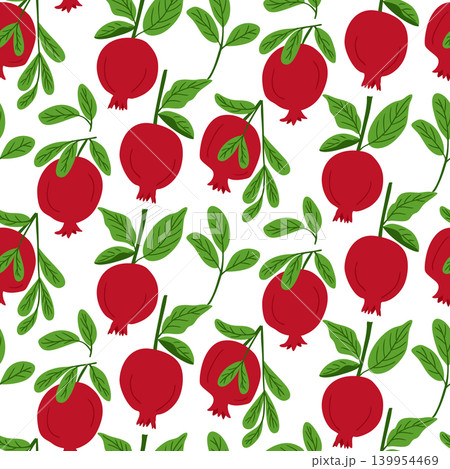 Pattern features red pomegranates with green leaves on a white background, suitable for various design applications including textiles and wallpapers Pattern features red pomegranates with green leaves on a white background, suitable for various design applications including textiles and wallpapers 139954469