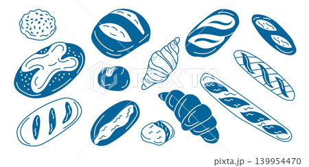 Various types of baked goods including croissants, baguettes, and rolls illustrated in a blue and white color scheme on a white background 139954470